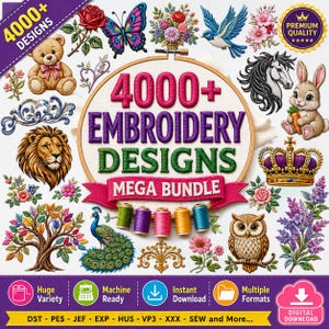 4000+ broderimönsterpaket | Maskinbroderimönster | Megapaket | PES DST Jef EXP | Digital nedladdning | Broderimönster