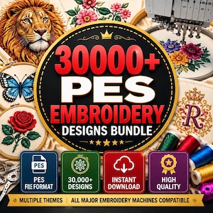 Puede incluir: Una colección digital de más de 30.000 diseños de bordado PES con una insignia circular central y texto en rojo y blanco. La imagen muestra varias muestras bordadas que incluyen un león, una mariposa, una rosa y motivos florales.
