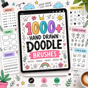 May include: A digital tablet screen displaying a collection of 1000+ hand drawn doodle brushes. The screen features colourful text, various doodle icons like stars, hearts, flowers, arrows, and borders, with labels for categories and a stylus below.