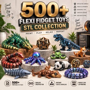 Op de afbeelding: Een collectie van 500+ 3D-geprinte flexibele fidget-speeltjes, waaronder gearticuleerde dieren zoals een groene draak, blauwe dinosaurus, rode slang, bruine hagedis en panda, plus geometrische vormen en een groene spinner met tekst.
