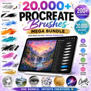 Könnte beinhalten: Ein digitales Produktpaket mit über 20.000 Procreate-Pinseln, dargestellt auf einem Tablet-Bildschirm mit einer Landschaftsillustration und einer Pinselbibliothek. Enthält Textbeschriftungen für Pinselarten, Funktionssymbole und diverse Kunstbeispiele.