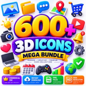 600+ 3D Icons Mega Bundle, 3D Icon Pack, Digital Icons, Colorful 3D Icons, UI Icons, App Icons, Social Media Icons, Graphic Design
