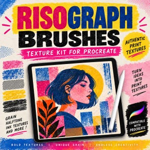 May include: A digital tablet displaying a colorful portrait of a person with dark hair, surrounded by text including Risograph Brushes, Texture Kit for Procreate, and Grain Halftone Ink Textures. A white stylus rests on the tablet screen.