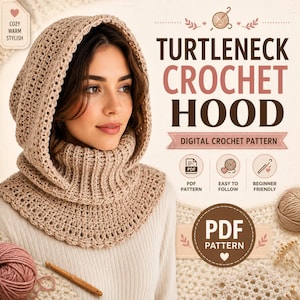 May include: A beige crochet hood with a ribbed turtleneck collar. The text reads: TURTLENECK CROCHET HOOD, DIGITAL CROCHET PATTERN, PDF PATTERN, EASY TO FOLLOW, BEGINNER FRIENDLY, COZY WARM STYLISH. A wooden crochet hook and yarn are visible.