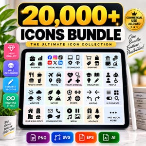 May include: A digital tablet screen displaying a 20,000+ icons bundle collection categorised into sections like business, social media, technology, shopping, finance, food, travel, health, education, people, weather, nature, sports, and holidays.