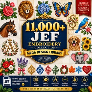 May include: A digital collection of 11,000+ JEF embroidery designs featuring a central blue and gold emblem surrounded by various illustrations including a lion, horse, butterfly, blue bird, golden retriever, elephant, flowers, and monograms.