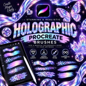 May include: A digital graphic display featuring holographic Procreate brushes with text reading Create Magic Easily, Stunning & Realistic Holographic Procreate Brushes, and Add a Magical Holographic Shine to Your Artwork, alongside icons and a tablet.