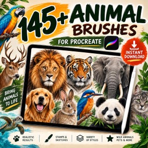 Op de afbeelding: Een digitale tablet met een verzameling dierillustraties waaronder een leeuw, tijger, olifant, hond, konijn, vogel, panda en kat. De tekst luidt 145+ ANIMAL BRUSHES FOR PROCREATE, INSTANT DOWNLOAD en BRING ANIMALS TO LIFE.