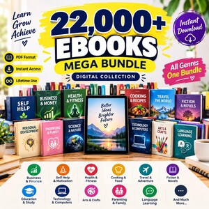 May include: A digital collection of 22,000+ ebooks in a mega bundle. The image features a tablet displaying the text Better Ideas Brighter Future, surrounded by various book covers labeled with categories like Business, Health, and Fiction.