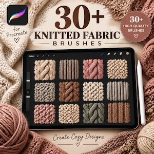 Könnte beinhalten: Ein digitales Tablet zeigt ein Raster aus 12 gestrickten Stofftexturmustern in verschiedenen Farben und Mustern. Der Bildschirm zeigt die Procreate-Oberfläche. Der Text lautet 30+ KNITTED FABRIC BRUSHES, for Procreate, 30+ HIGH QUALITY BRUSHES und Create Cozy Designs.