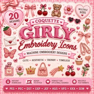 Può includere: Una collezione digitale di 20 icone di ricamo Coquette Girly con disegni per ricamo a macchina. L'immagine mostra grafiche a tema rosa che includono fiocchi, cuori, un orsacchiotto, ciliegie, fiori, occhiali da sole, una corona e una borsa.