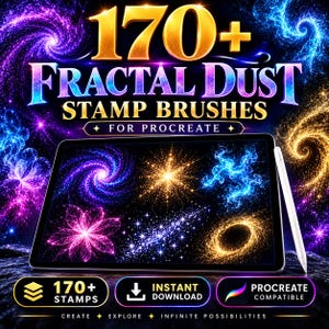 Pode incluir: Um tablet digital exibindo vários pincéis de carimbo de poeira fractal para Procreate. A tela mostra padrões cósmicos brilhantes em roxo, azul e dourado. Uma caneta branca repousa ao lado. O texto diz 170+ FRACTAL DUST STAMP BRUSHES.