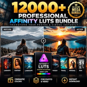 Peut inclure: Un ensemble de produits numériques comprenant plus de 12000 LUTs Affinity professionnelles pour photos et vidéos. L'image présente une comparaison avant-après, une boîte centrale de collection principale et des vignettes de catégories comme cinématique, portrait, paysage, moody, voyage, mariage et noir et blanc.