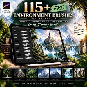 May include: A digital tablet displaying a Procreate interface with a menu of environment brushes including trees, foliage, rocks, mountains, clouds, water, textures, and architecture. The screen shows a landscape illustration with a castle and waterfall.