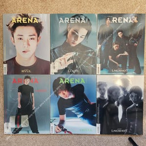 Puede incluir: Seis portadas de la revista Arena con varias personas vestidas de oscuro. Las portadas incluyen etiquetas de texto como Ryul, Louis, Lngshot y Ohyul. Las imágenes muestran retratos y tomas de cuerpo completo con tonos azules, negros y blancos.