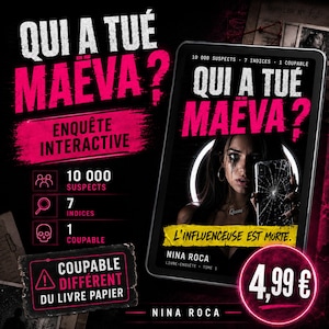 Peut inclure: Une couverture de livre numérique intitulée Qui a tué Maëva ? avec une esthétique sombre et du texte rose. Elle montre une personne tenant un smartphone fissuré devant un anneau lumineux. Le texte indique 10 000 suspects, 7 indices, 1 coupable.