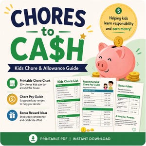 以下が含まれることがあります： CHORES to CA$Hと題された子供向けの家事と小遣いガイドの印刷用資料。ピンクの貯金箱と金貨のイラストが描かれています。子供用の家事リスト、推奨される報酬ガイド、ボーナス報酬のアイデアが含まれています。