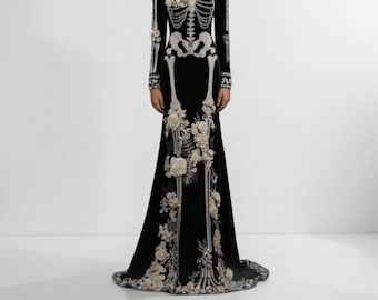 Robe longue noire squelette, costume d'Halloween gothique à fleurs