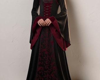 Girls Medieval Vampire Queen Costume, Kids Gothic Vampire Princess Long Gown Dress, Halloween Cosplay Party Outfit for Child