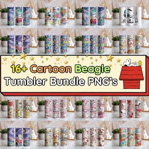May include: A digital collection of 16+ tumbler wrap designs featuring a cartoon beagle character in various colorful scenes, including starry nights, hearts, and patterns, with the text 16+ Cartoon Beagle Tumbler Bundle PNG's.