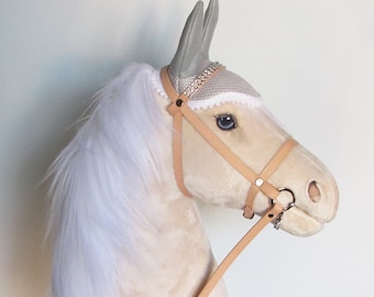 Snow Cream Hobby Horse (stick horse). Top quality with removable leather bridle and ear bonnet. For older children and teenagers. LARP.