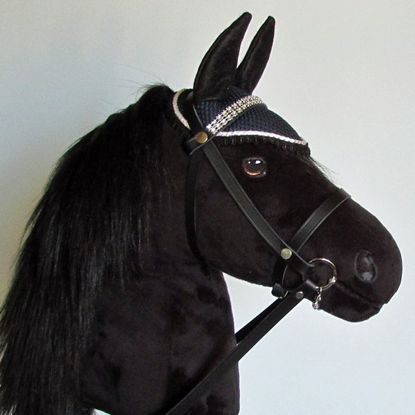 All Black Hobby Horse (stick horse). Top quality with removable leather bridle and ear bonnet. For older children and teenagers. LARP.