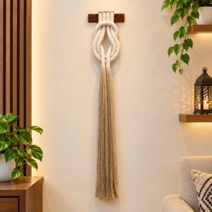 May include: A wall hanging featuring a dark brown horizontal wooden bar supporting a thick, cream-coloured knotted rope design. Below the knot, a long, flowing tassel made of fine, light tan fibres extends downwards, creating a vertical accent.