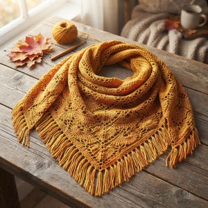 May include: A mustard yellow triangular crochet shawl featuring an intricate openwork lace pattern and long fringe along the edges. The shawl is displayed alongside a matching ball of yarn and a wooden crochet hook on a rustic wooden surface.