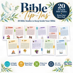 May include: A collection of 20 Bible Tip-Ins featuring in-depth Bible studies with illustrations of poppies, honeycombs, grapes, and a boat. The text includes titles like Bible Tip-Ins and 20 In Depth Bible Studies + Bonus Start Here Pack.