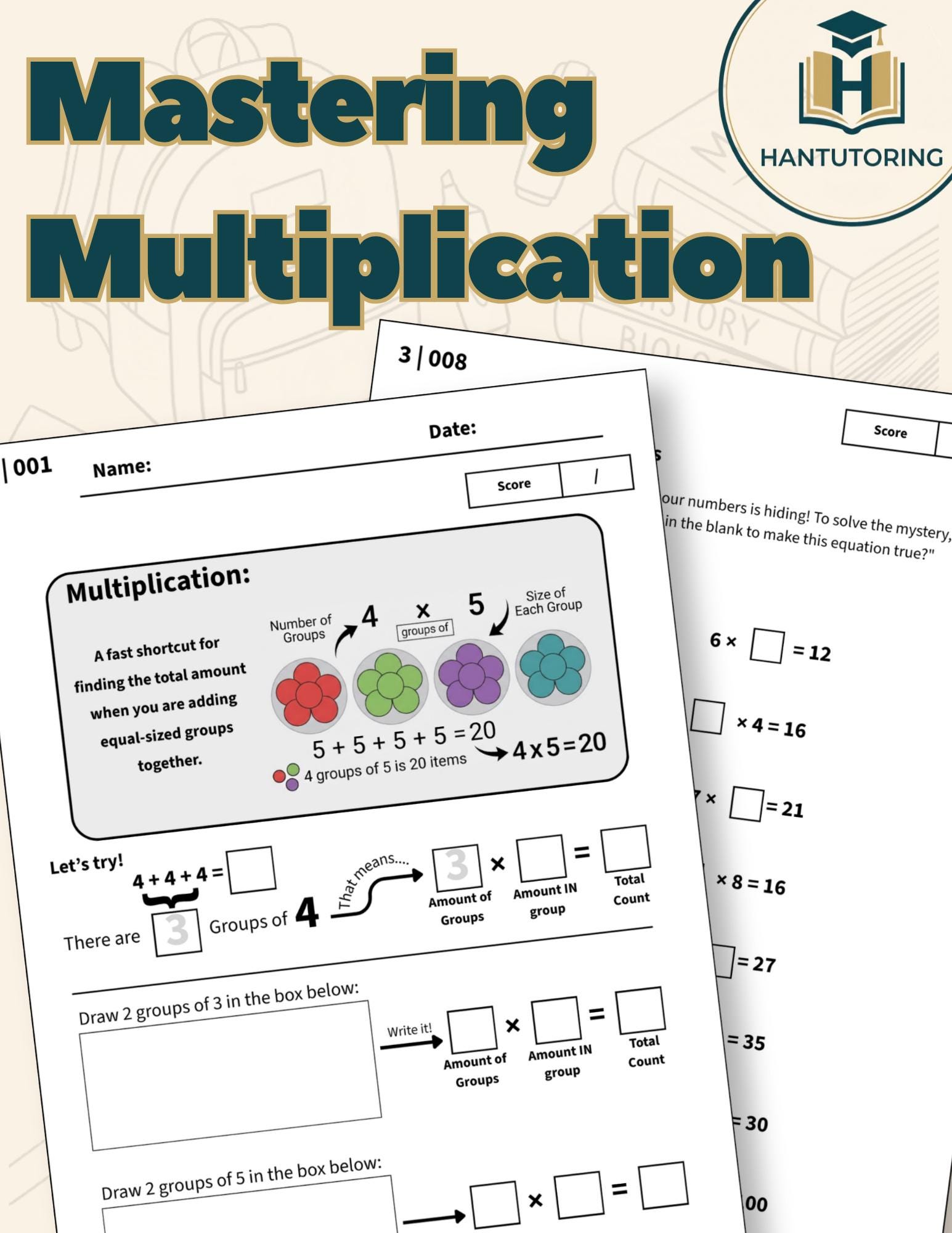 3rd Grade Intro to Multiplication Worksheets Visual Math Practice Printable Homeschool Math Center Activity Digital PDF Download