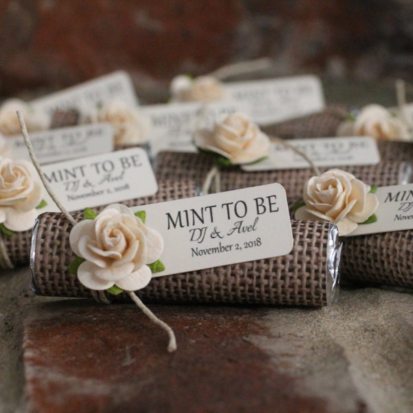 Rustic wedding favors, mint to be favors with personalized tag, wedding mints, burlap theme with ivory roses