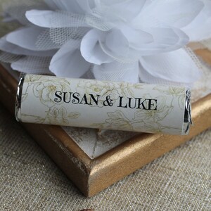 Gold wedding favors, personalized for bride and groom, gold floral mint wrapper, mints included