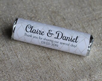 Wedding favors with geometric detail, personalized mints with custom label