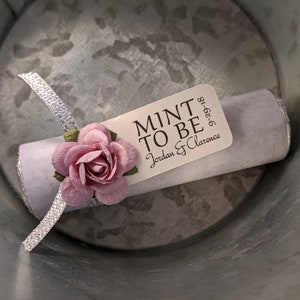 Personalized Mint to Be Wedding Favors with Lilac Roses