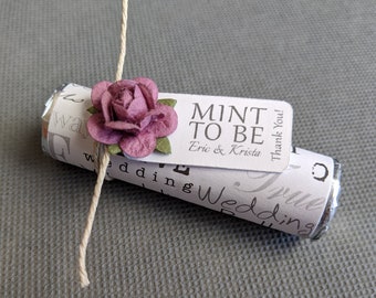 Unique wedding favors, personalized mints with purple roses, personalized tag reads MINT TO BE