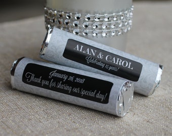 Anniversary party favors, silver wedding favors, 25th anniversary celebration, personalized wrapper with mints
