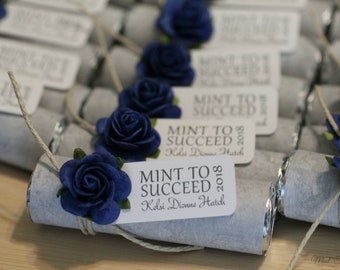 Graduation favors, mints with personalized tags, match school colors, graduation party decorations