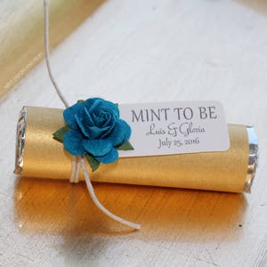 Personalized Mint To Be Wedding Favors: Teal Rose, Gold Theme