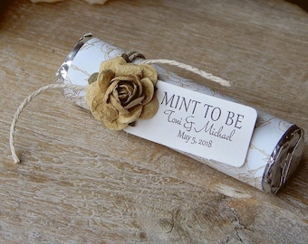 Personalized Party Favors - Set of 150 mint rolls - "Mint to be" favors with personalized tag - gold theme, elegant gold and black