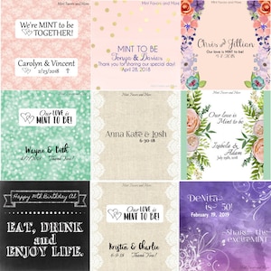 Op de afbeelding: Negen verschillende ontwerpen voor 'Mint to be'-bruiloftsfavorenlabels. De labels hebben verschillende kleuren, patronen en tekst, waaronder 'Our love is mint to be!' en 'We're mint to be together!'