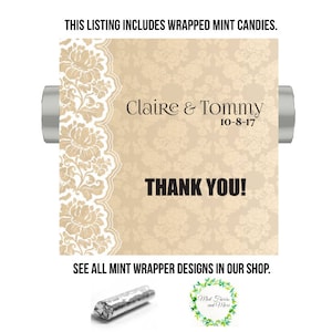 Cadeaux personnalisés à la menthe pour mariage : emballage en dentelle rose poudré