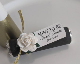 Unique wedding favors, wedding mints with personalized tags reading MINT TO BE, white wedding or black tie wedding theme