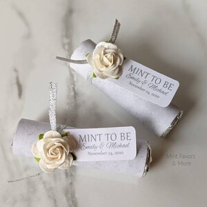 Personalized Wedding Mint Favors: White Roses, Silver Ribbon