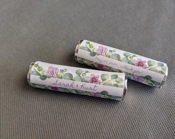 Personalized favors, wrapped mint rolls with personalized label, eucalyptus, lilac, watercolor, unique favors