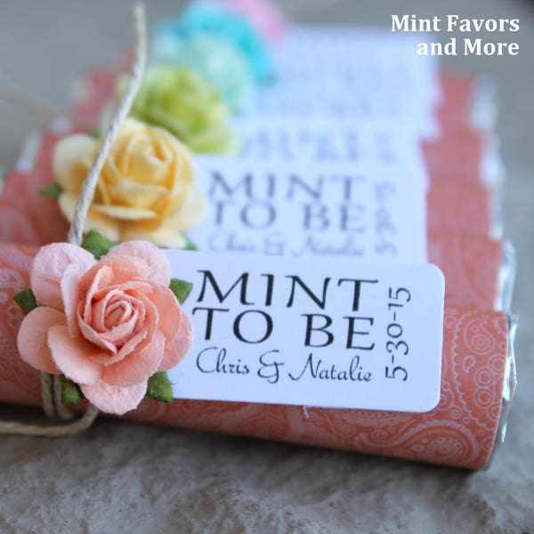 Mint wedding favors - Set of 50 mint rolls - "Mint to be" favors with personalized tag - coral wedding, mint to be wedding mints