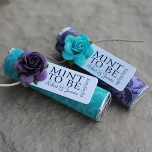 Teal and purple wedding favors, personalized mints, purple wedding details, custom mints with personalized &quot;mint to be&quot; tag, teal wedding