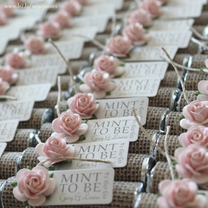 Personalized Mint Wedding Favors: Burlap & Rose &quot;Mint to Be&quot; - Set of 24