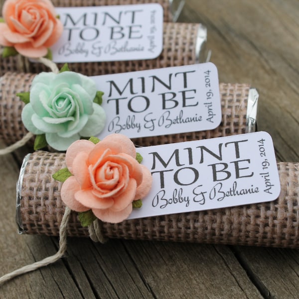 Cadeaux de mariage menthe personnalisés : rouleaux de toile de jute rustiques « Mint to Be » - Lot de 24