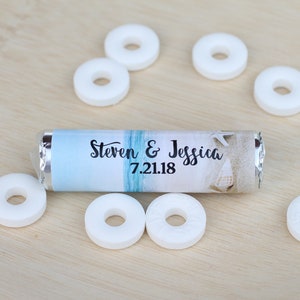 Personalized favors, wrapped mint rolls with personalized label, mint to be, beach theme, wedding favors, thank you gift