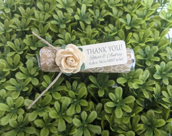 Unique wedding favors, wedding mints with personalized tags reading MINT TO BE, ivory wedding theme